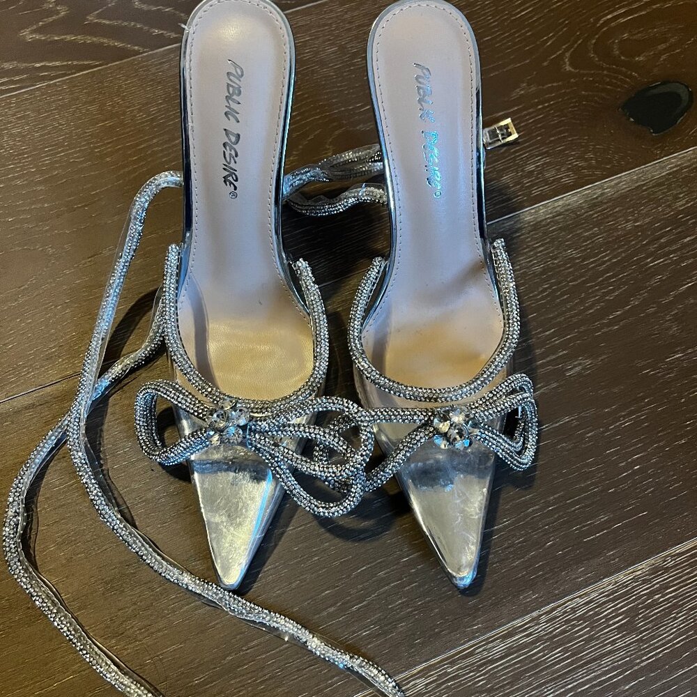 Public Desire silver rhinestone wrap heels